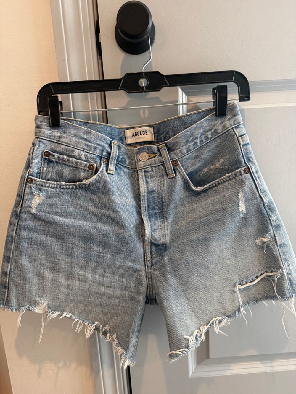 AGOLDE Parker Long Light Blue Distressed High-Rise Denim Cutoff Shorts - Picture 2 of 5